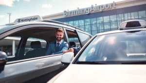 Reliable taxi Nottingham to Birmingham Airport with driver assisting luggage at airport drop-off.