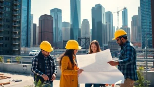 New York City Construction Manager guiding a team on a dynamic urban construction site.