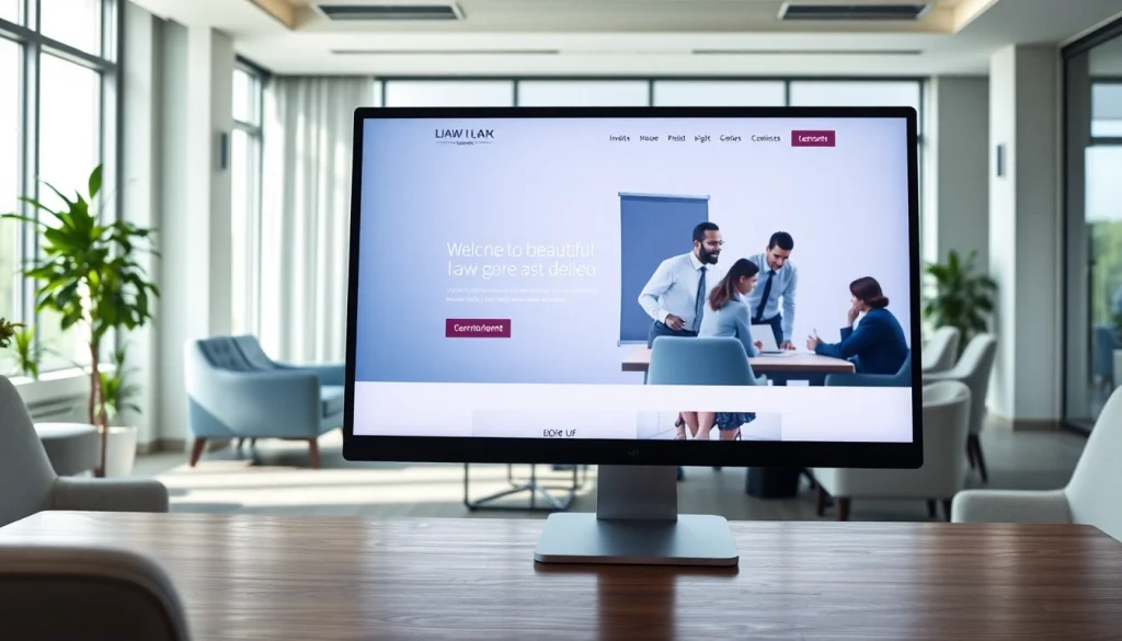 Showcasing a professional law firm website design at https://www.lawfirmswebsitedesign.com in a modern office setting.