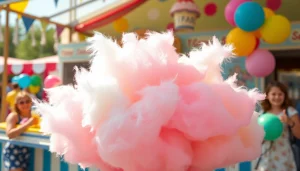 Aantrekkelijke wafel katoen in een kleurrijke kramenomgeving met vrolijke decoraties en mensen.