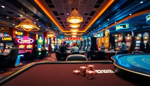 Menggambarkan kasinojitu dengan suasana kasino yang ramai dan penuh warna.