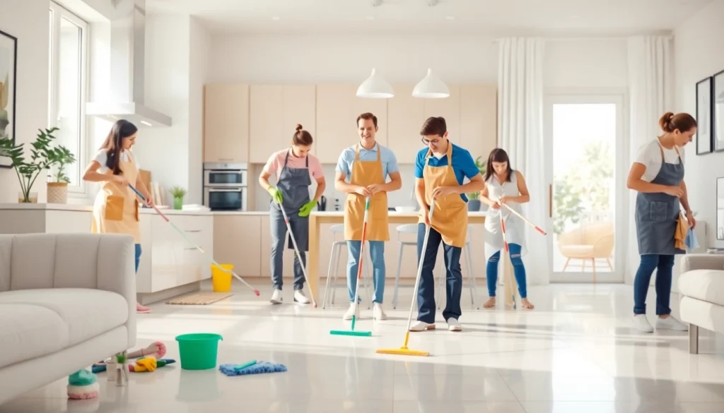 Cleaning Service team actively cleaning a modern home, showcasing professionalism and teamwork.