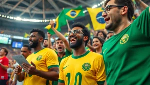 Exciting scene of sports betting in Brazil with enthusiastic fans and vibrant team colors.