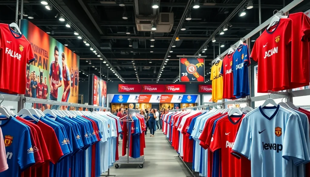 Shop for vibrant football kits featuring diverse styles and colors in a dynamic sport store setting.