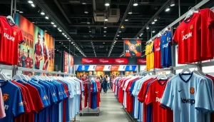 Shop for vibrant football kits featuring diverse styles and colors in a dynamic sport store setting.