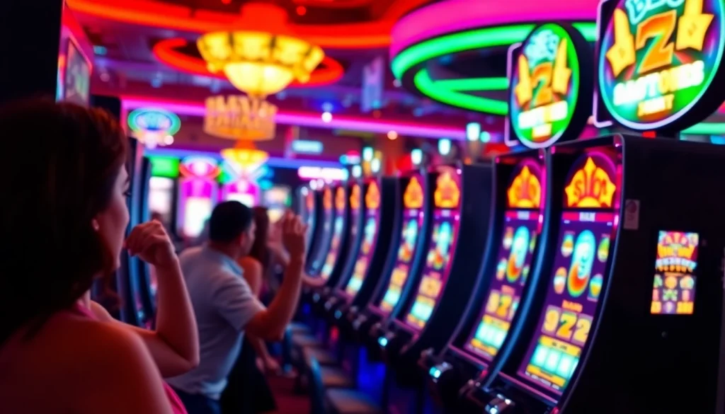 Permainan virus4d slot dengan pemain yang antusias di kasino yang cerah.