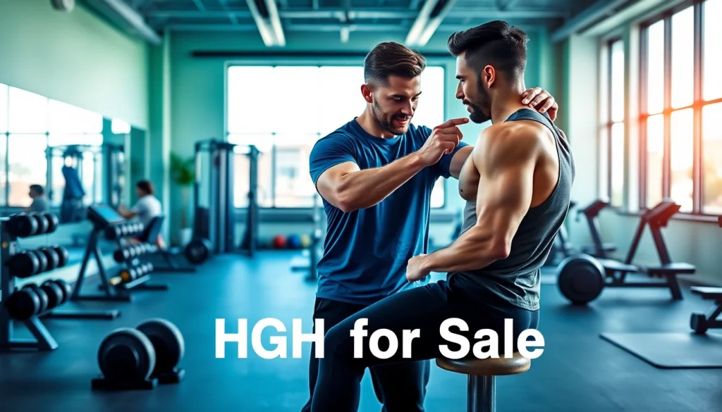HGH FOR SALE highlighted in a vibrant gym with a coach guiding a client through workouts.