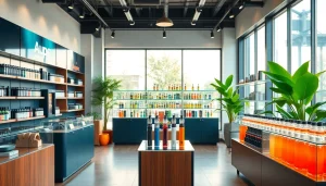 Vape-Shop mit modernen Geräten und bunten E-Liquids in einladender Atmosphäre