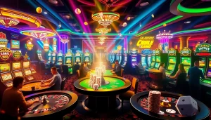Experience the thrill of KJC AC 2 at an exciting casino scene featuring tables, cards, and slot machines.