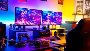 Engaging RR88 gaming setup with colorful RGB lighting and dual monitors.