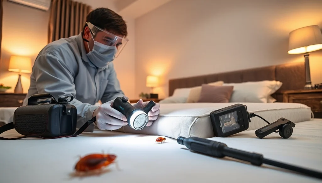 Pest control technician examining bed for bedbugs at https://affordablebedbugexterminators.com
