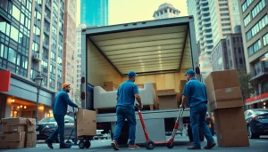 Movers from a Toronto moving company loading furniture into a truck on a busy street.