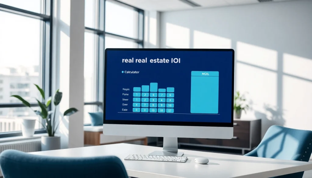 Using a real estate ROI calculator on a computer in a bright, modern office setting.
