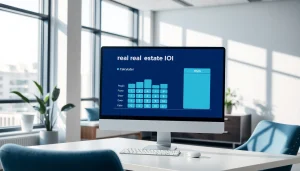 Using a real estate ROI calculator on a computer in a bright, modern office setting.
