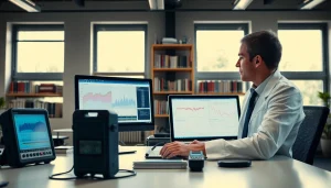 Analyzing noise impact assessment with professional tools and data in a bright office environment.