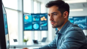 Analyze Microsoft 365 Security & Compliance tools in a professional office setting with digital data displays.