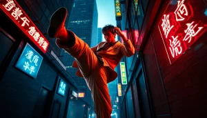 Fierce martial artist in an urban setting showcasing action in a Martial Arts Thriller.