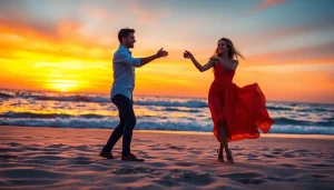 Couple performing Carolina Dance on the beach at sunset, exuding joy and elegance.