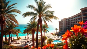 Enjoy stunning Los Cabos vacation packages with a luxurious beach resort, palm trees, and turquoise waters.