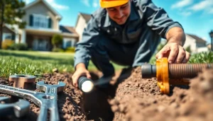 Technician performing sewer repair durham in a suburban environment with tools and equipment.
