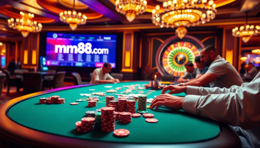 Experience the ultimate thrill of playing poker with mm88 com at a glamorous casino table filled with chips and cards.