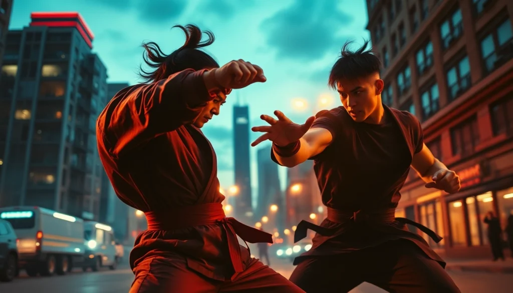 Martial Arts Thriller featuring an intense combat scene with dynamic action and urban backdrop.