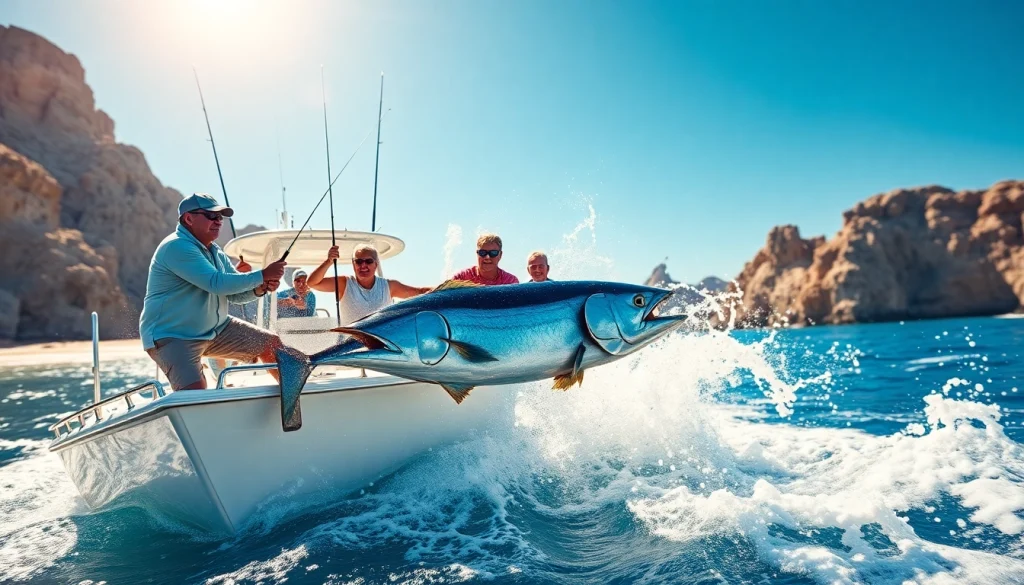 Engage in Wahoo fishing Cabo San Lucas with excited anglers reeling in a large catch.