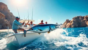 Engage in Wahoo fishing Cabo San Lucas with excited anglers reeling in a large catch.