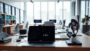 Technology workspace featuring sleek devices and bright lighting to enhance productivity.