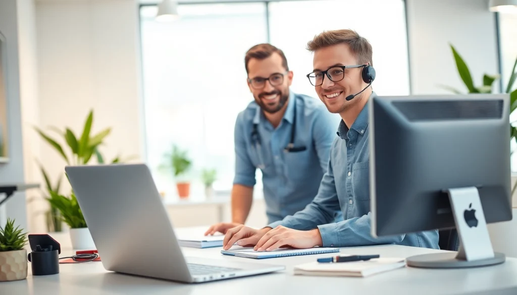 Offering computer support with a technician at work in a modern office environment.