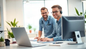 Offering computer support with a technician at work in a modern office environment.