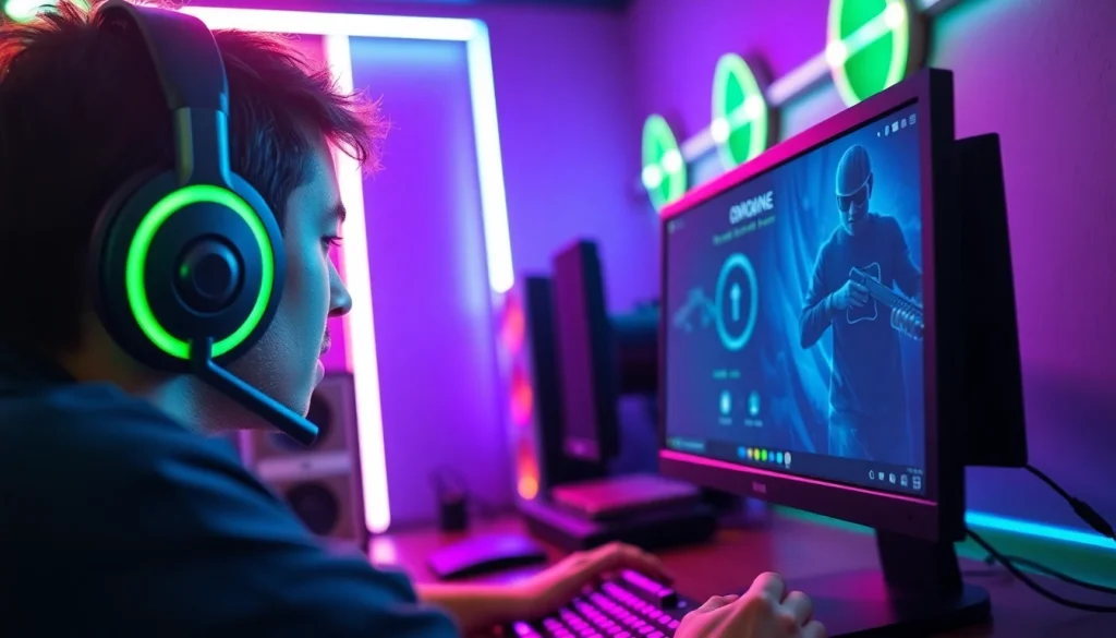 Engaging gamer focused on valorant download process in a vibrant gaming setup.