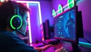 Engaging gamer focused on valorant download process in a vibrant gaming setup.
