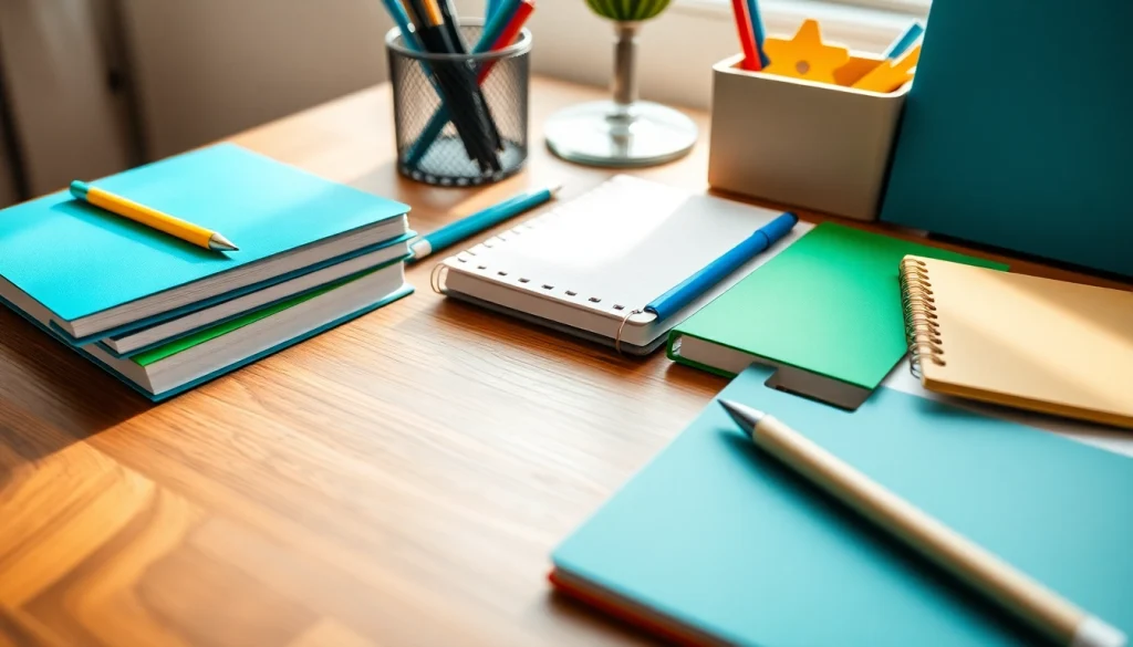 Organizing office stationery supplies neatly on a desk with colorful notebooks and pens.