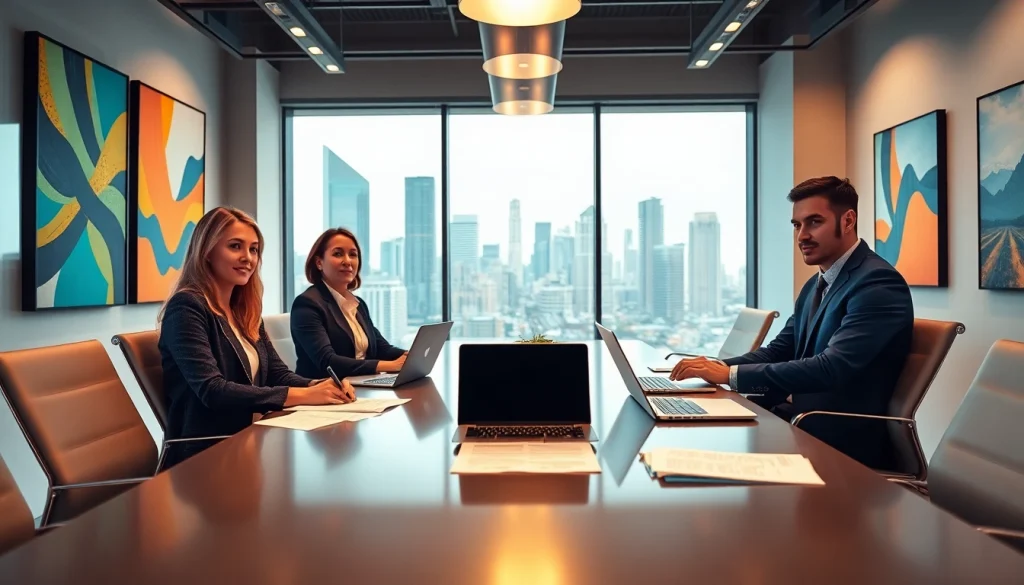 Real Estate professionals collaborating in a modern office with vibrant urban views.