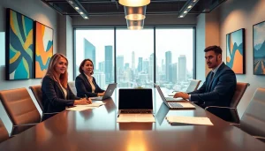 Real Estate professionals collaborating in a modern office with vibrant urban views.