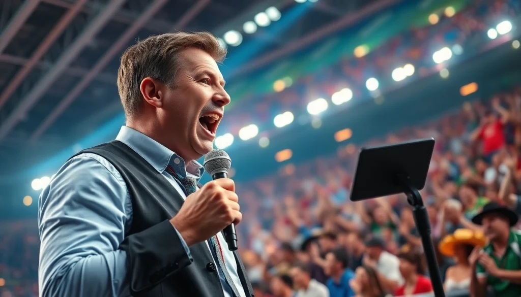 스포츠중계와 함께 열정적인 아나운서와 환호하는 팬들 화면