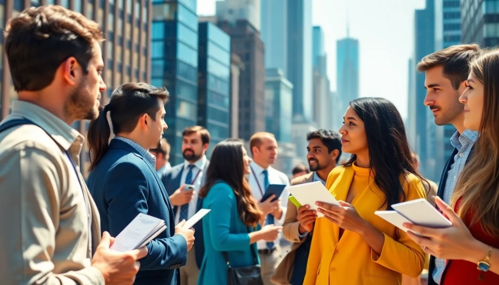 Job seekers networking in the vibrant New York setting, showcasing jobs new york.