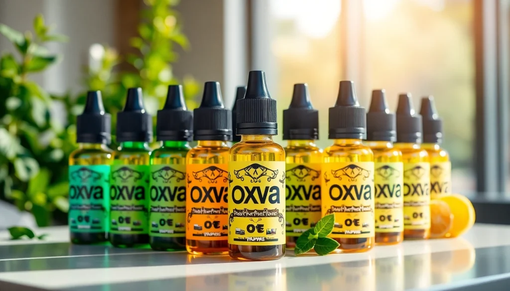 Oxva Liquid Flaschen in einem modernen Setup mit frischen Kräuter-Elementen im Hintergrund.