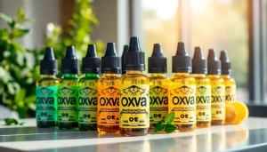 Oxva Liquid Flaschen in einem modernen Setup mit frischen Kräuter-Elementen im Hintergrund.