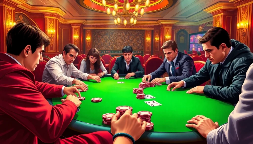 Intense poker players at a luxurious table showcasing strategies at https://mm88.directory/ for ultimate wins.