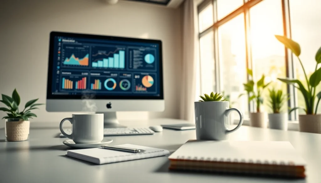 Showcasing a professional workspace from https://fhpts.com with analytics charts and an organized desk setting.