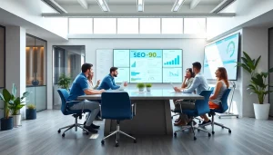 Engage with a professional SEO company team collaborating effectively in a modern office.