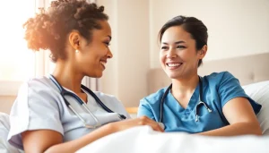 Nurse practicing Jean Watson’s Human Caring Theory by connecting compassionately with a patient.