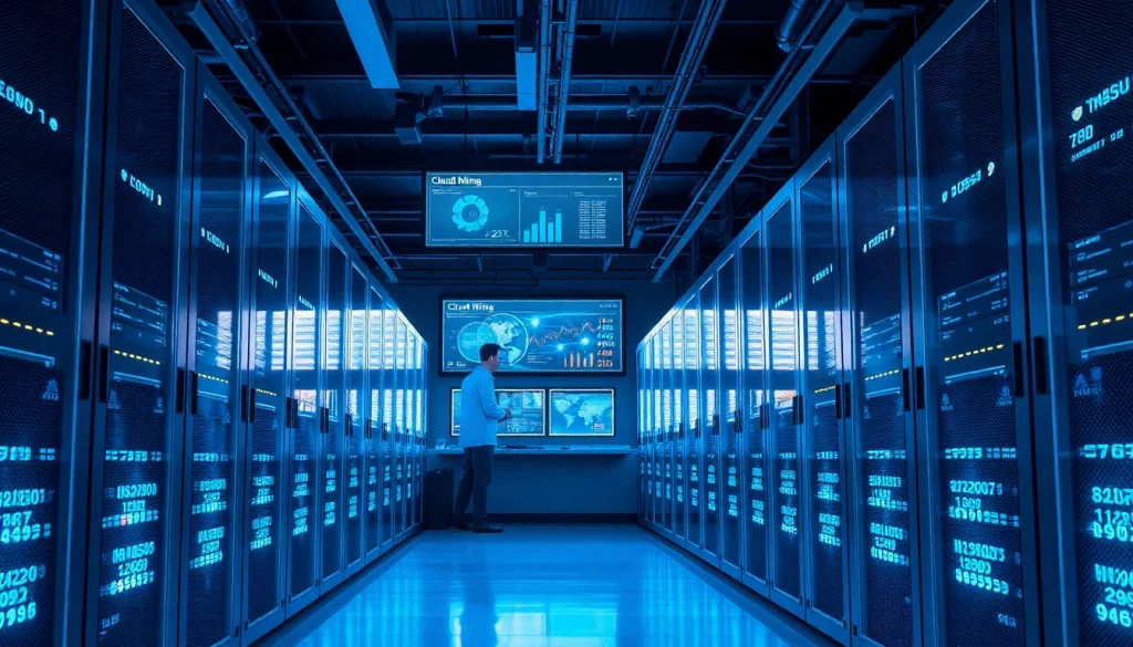 Cloud mining facility with high-performance servers and cryptocurrency data display.