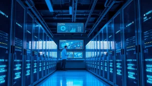 Cloud mining facility with high-performance servers and cryptocurrency data display.