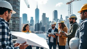 New York General Contractor team collaborating on construction plans in Manhattan.