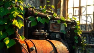 Reveal the lost generator intricately displayed among rust and nature, inviting curiosity.