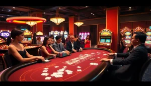 Experience thrilling gameplay at https://1mm888.com/ with a vibrant casino atmosphere showcasing cards, chips, and tables.