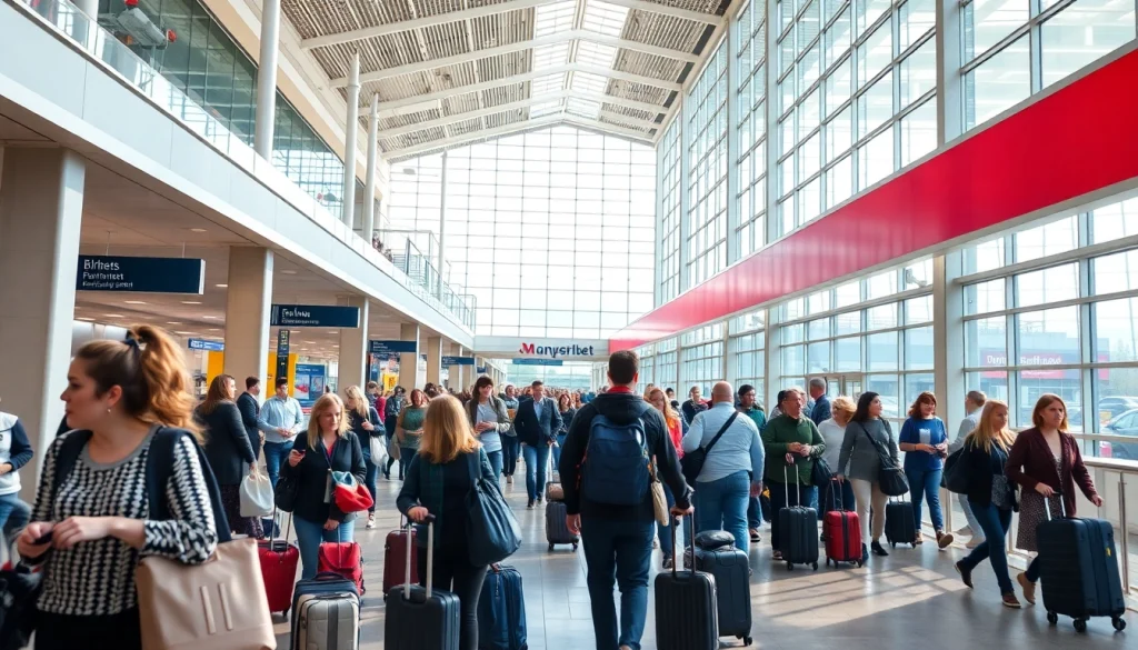 Travelers navigating through Manchester Airport's busy terminal, showcasing the dynamic travel atmosphere.